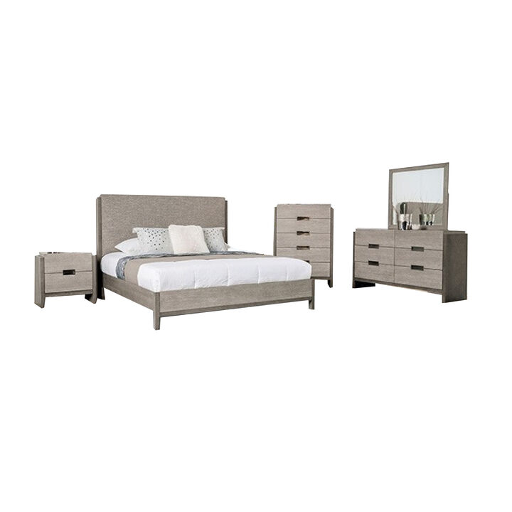 Rizvi 4pc Queen Bedroom Set, Beveled Mirror, Dresser, Gray Solid Wood - Benzara
