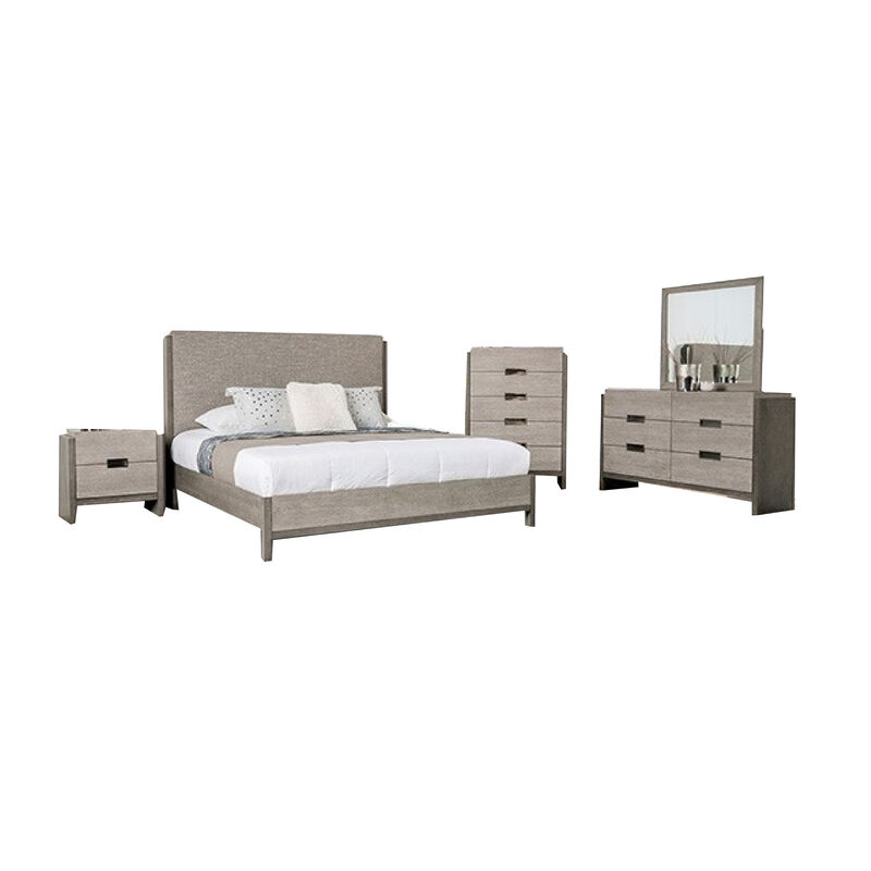 Rizvi 4pc Queen Bedroom Set, Beveled Mirror, Dresser, Gray Solid Wood - Benzara