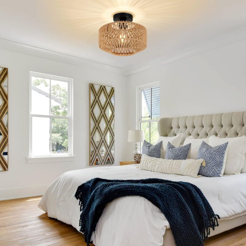 ELEMENT ACE Hand Woven Rattan Flush Mount Ceiling Light with Dimmable LED Bulb Boho Chandelier Fixture for Hallway Bedroom Kitchen Entryway Living Room image number 8