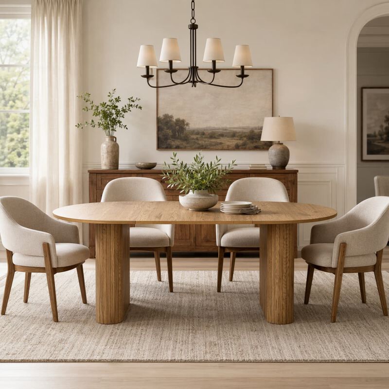 Oval dining table for 6 to 8 MDF dining table with metal frame Modern farmhouse dining table with wood strip base for kitchen image number 4