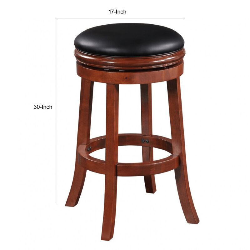 Sabi 30 inch Swivel Counter Stool, Solid Wood, Faux Leather, Brown, Black - Benzara