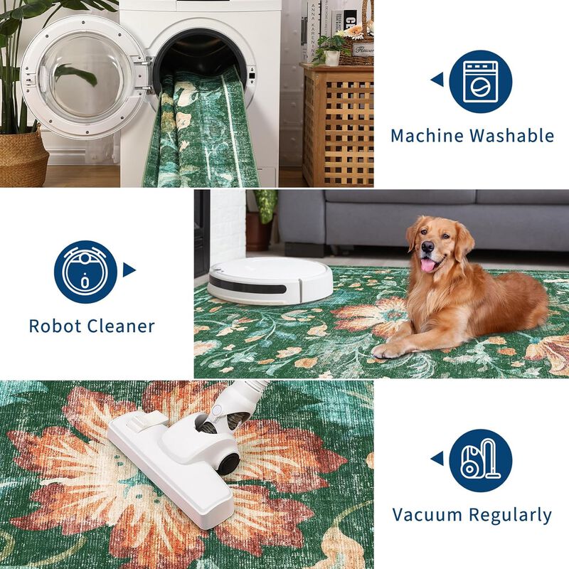 Modern Washable Folding Floral Print Rug, Soft Washable Non - Slip Backing for Living Room Bedroom image number 4