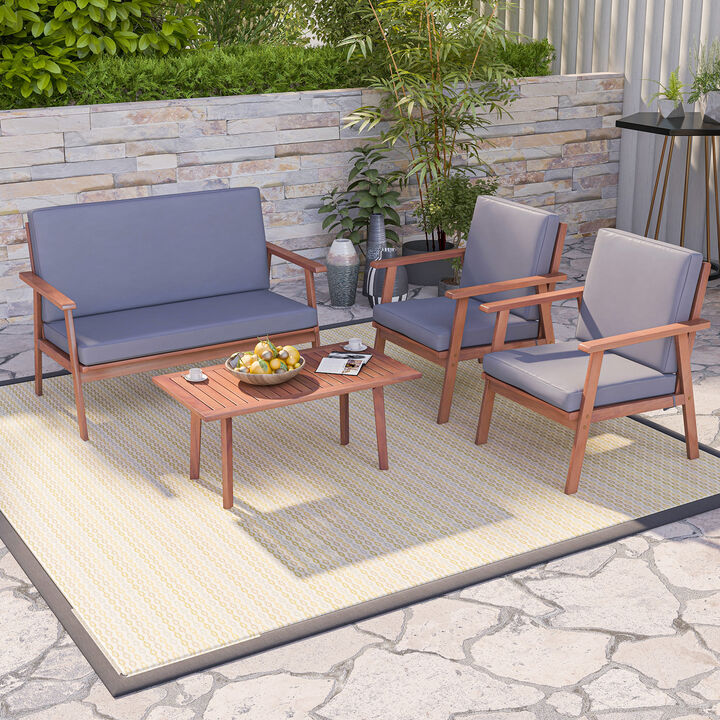 4 Piece Outdoor Acacia Wood Conversation Set with Soft Seat and Back Cushions