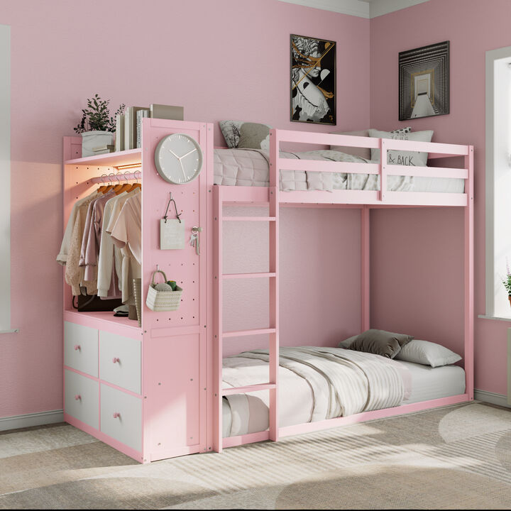Whisen Twin Size Bunk Bed with 4 Drawers, Light & Pegboards, Wood, for Bedroom