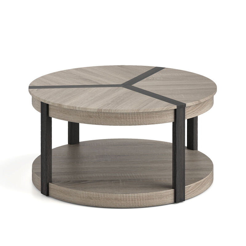 2-Tier Round Coffee Table in Rubber Wood with Large Tabletop and Storage Shelf