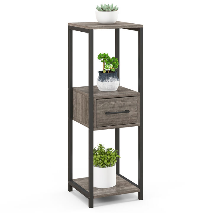 3 Tier Tall Metal Plant Stand with Drawer for Balcony Office-Grey