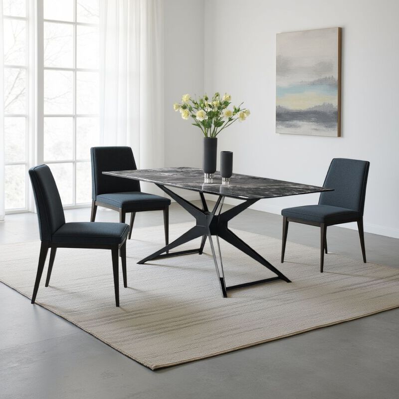 Laus Dining Table, 71 Inch Crystal Glass Top, Black Geometric Base