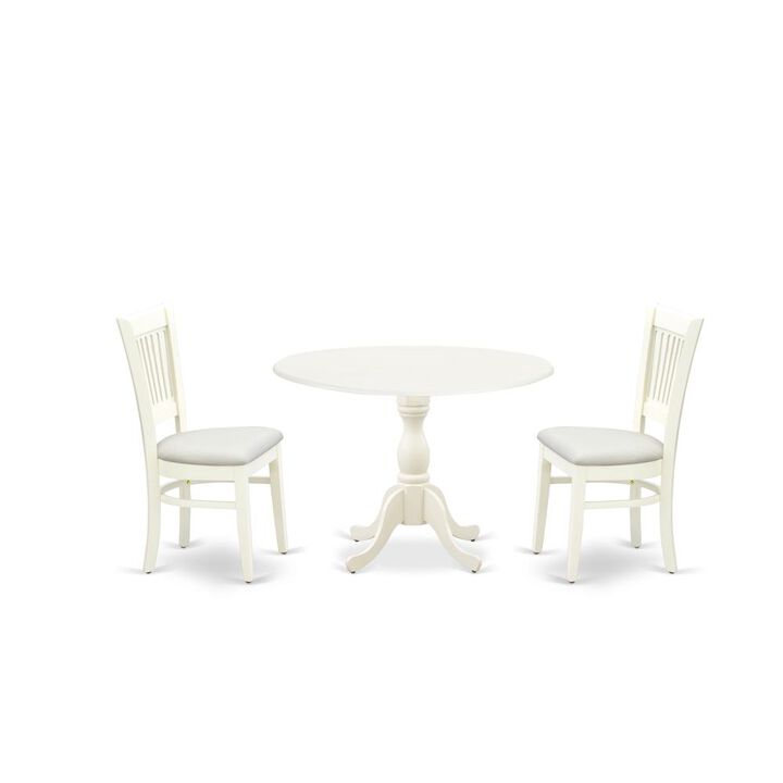 East West Furniture - DMVA3-LWH-C - 3-Piece Modern Dining Table Set- 2 Mid Century Dining Chairs with Linen Fabric Seat and Slatted Chair Back - Drop Leave Dining Table - Linen White Finish