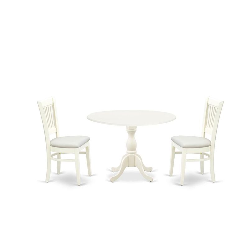 East West Furniture - DMVA3-LWH-C - 3-Piece Modern Dining Table Set- 2 Mid Century Dining Chairs with Linen Fabric Seat and Slatted Chair Back - Drop Leave Dining Table - Linen White Finish