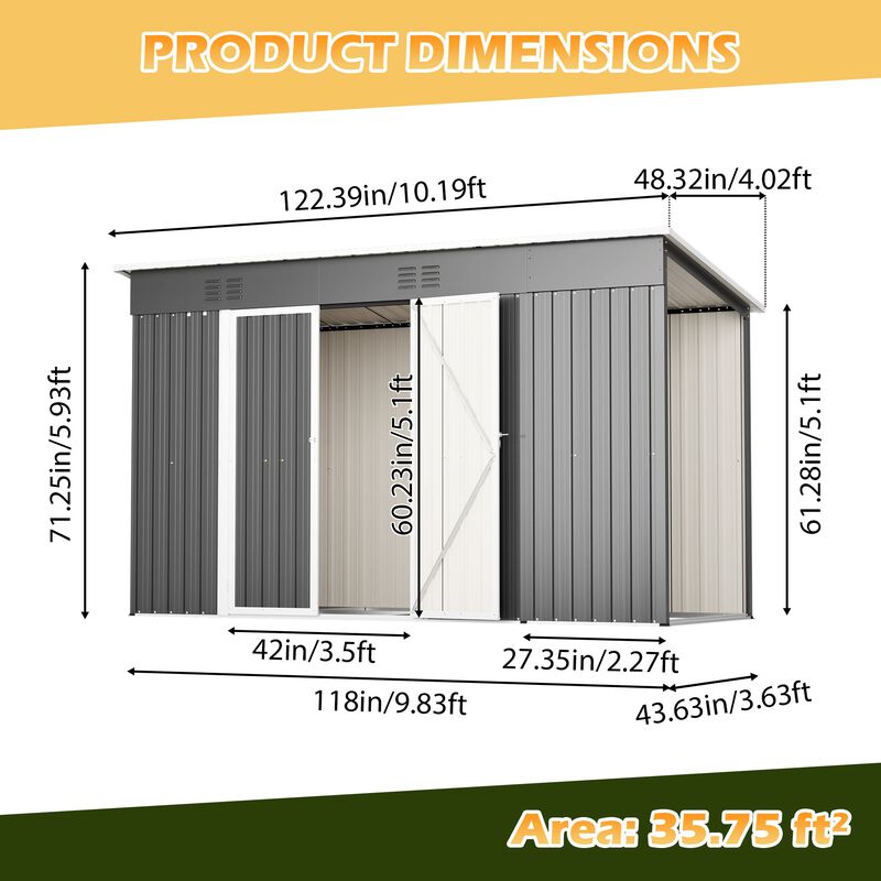 10 FT x 4 FT Outdoor Metal Storage Shed for Garden Tools Lockable Door With Floor Frame image number 2