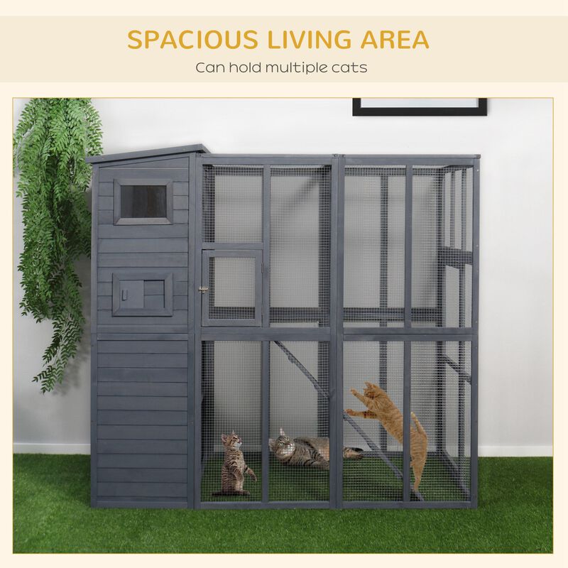Grey Feline Paradise: 77x37x69 Outdoor Cat House with Platforms