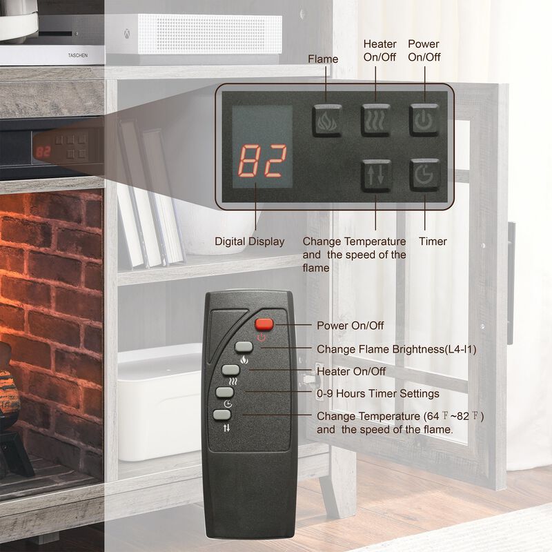 MONDAWE 55 Inch TV Media Stand with Electric Fireplace KD Inserts Heater,Gray Wash Color