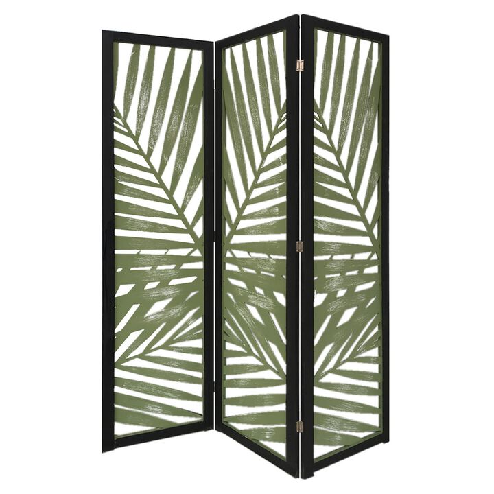 67 Inch 3 Panel Wood Screen with Leaf Design, Green and Black-Benzara