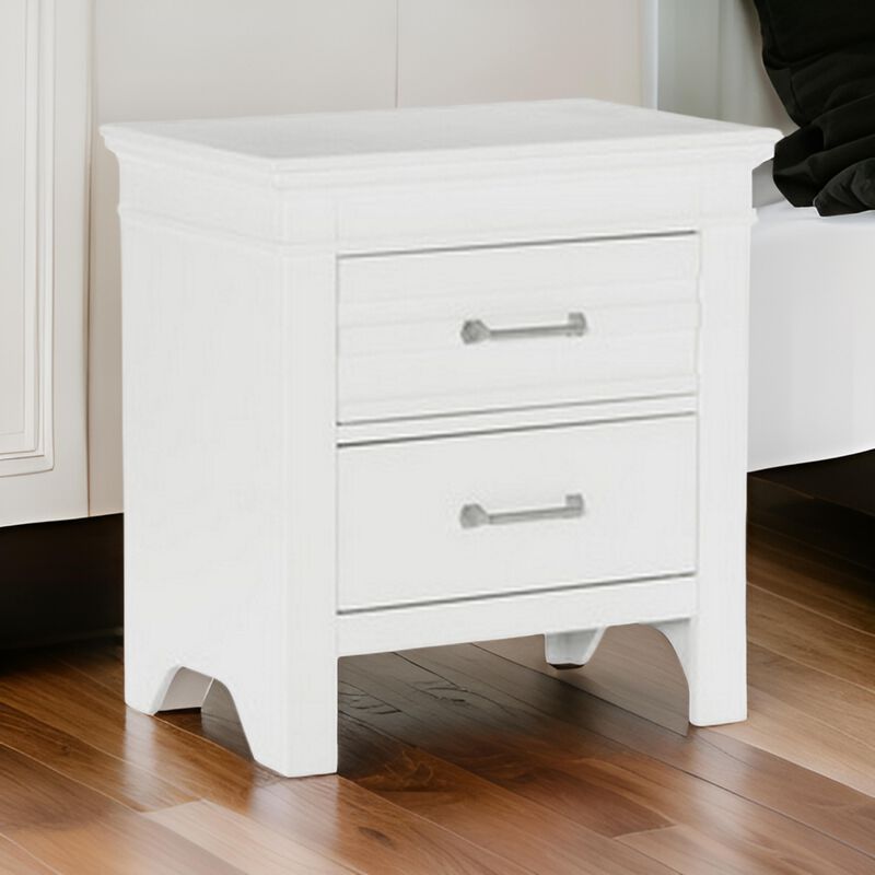 Candy 25 Inch Nightstand, 2 Drawers, Nickel Bar Handles, White Solid Wood - Benzara