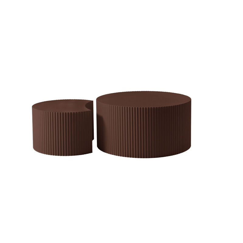 Handcrafted Relief MDF Nesting Table Set of 2, Round and Half Moon Shapes, Brown, No Need Assembly