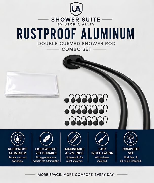 Shower Suite by Utopia Alley &ndash; Rustproof Aluminum Double Curved Shower Curtain Rod Combo Set with Liner & 24 Hooks, Adjustable 45&ndash;72 Inch Wall Mounted Dual Rod, Extra 30% Space