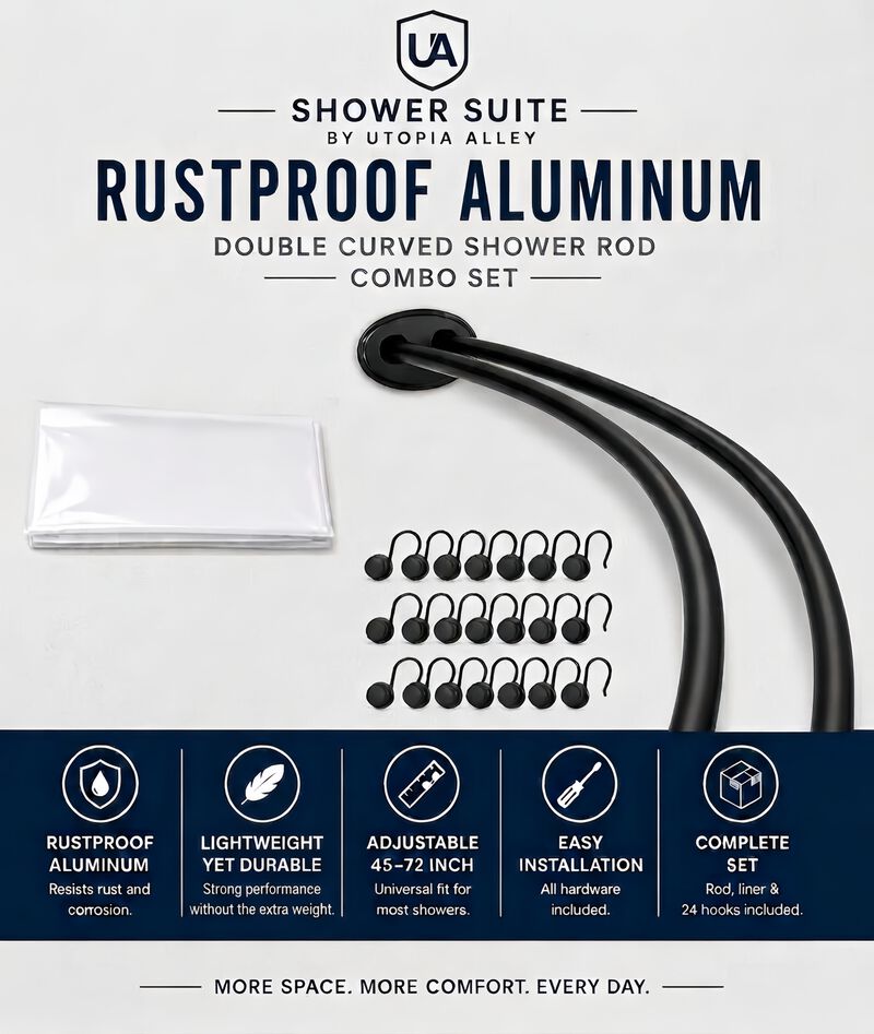 Shower Suite by Utopia Alley &ndash; Rustproof Aluminum Double Curved Shower Curtain Rod Combo Set with Liner & 24 Hooks, Adjustable 45&ndash;72 Inch Wall Mounted Dual Rod, Extra 30% Space image number 1
