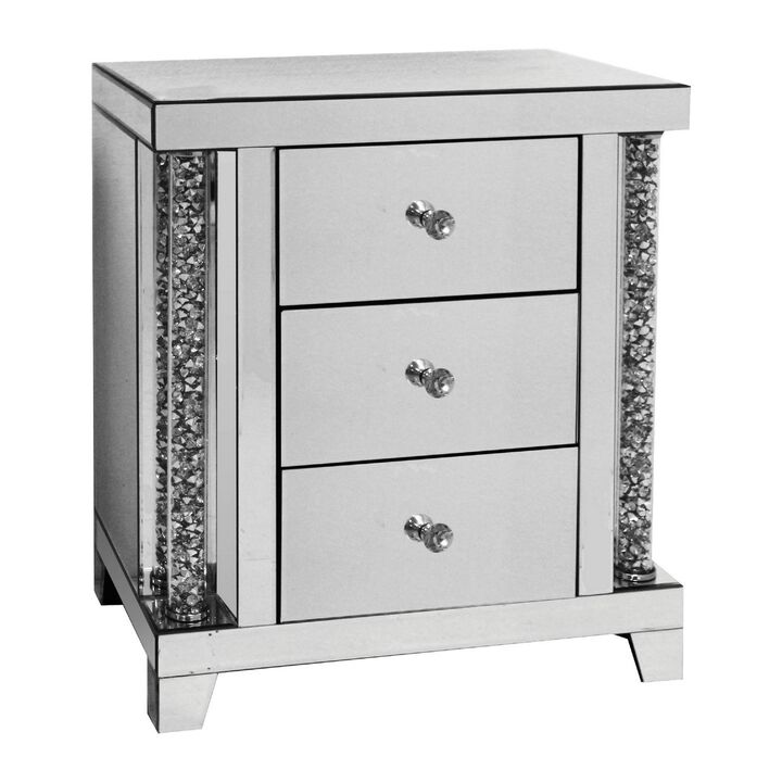 Noe 26 Inch 3 Drawer Accent Table Nightstand, Mirrored, Faux Diamond Inlay, Silver - Benzara