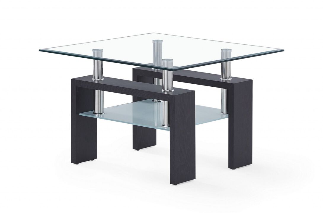 Homezia Dark Walnut Legs End Table With Rectangular Clear Glass Top