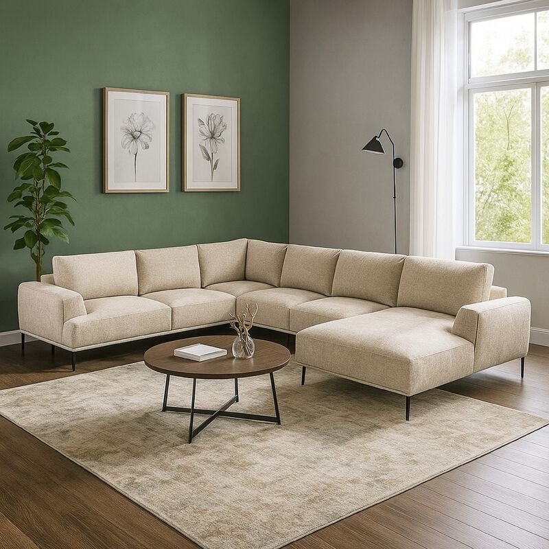 Batty J Sectional Sofa, Light Brown Chenille 147 Inch, Adjustable Back