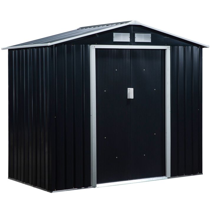 Outsunny 7' x 4' Outdoor Storage Shed, Garden Tool House with Foundation, 4 Vents and 2 Easy Sliding Doors for Backyard, Patio, Garage, Lawn, Dark Gray