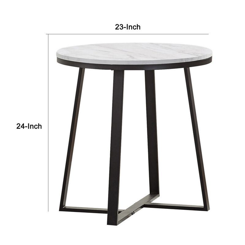 24 Inch End Table, White Faux Marble Round Top, Artisanal Metal Framework