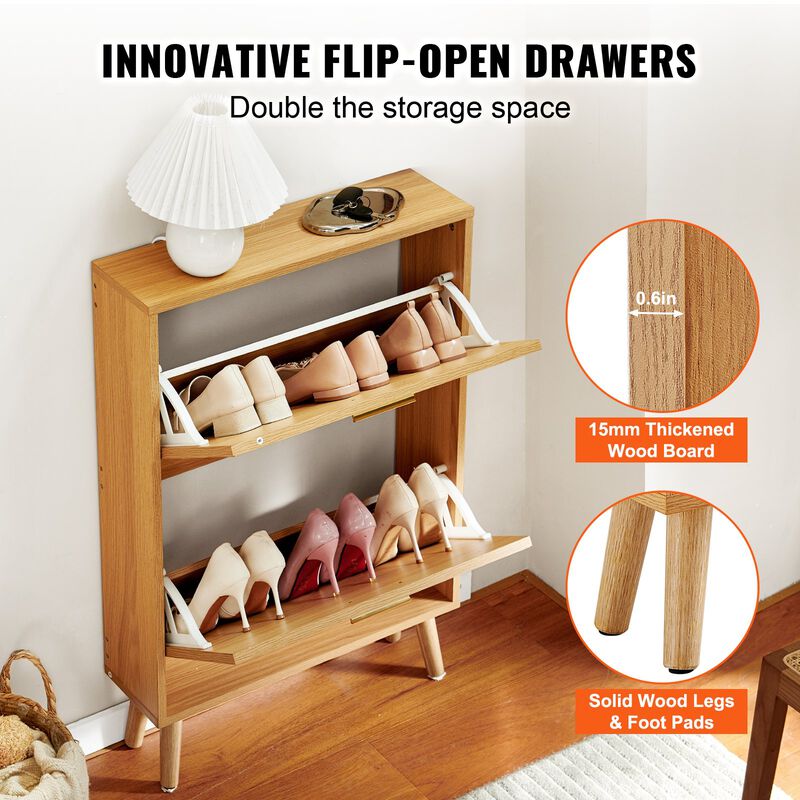 Shoe Cabinet with 2 Flip Rattan Drawers, Freestanding Storage for Entryway
