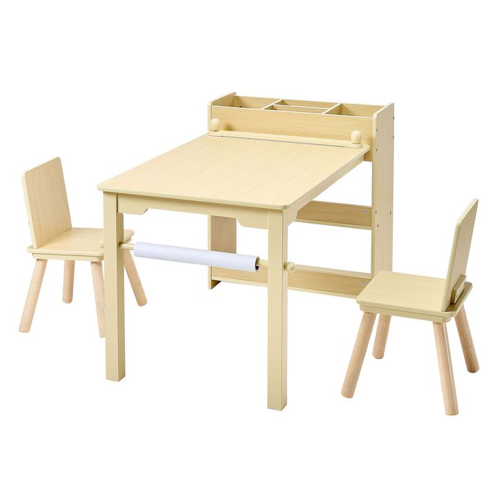 Kids Craft Activity Desk with 2 Chairs and 3-Tier Storage Cabinet-Light Wood