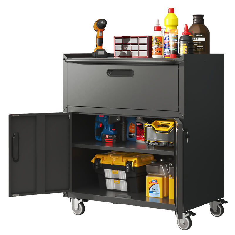 Mondawe Modern Metal Tool Cabinet, Black Grey Mobile Heavy-Duty Storage Cabinet With Wheels