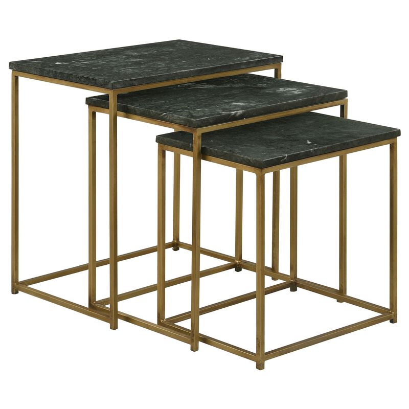 Agi 3 Piece Nesting Side Table Set, Green Square Marble, Gold Metal Frame - Benzara