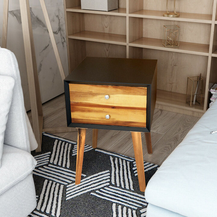 Wooden Nightstand Mid-Century End Side Table with 2 Storage Drawers