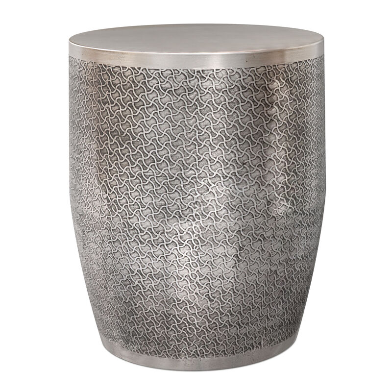 Johnsen 18 inch Wide Boho Web Pattern Metal Accent Table in Antique Silver Iron image number 0