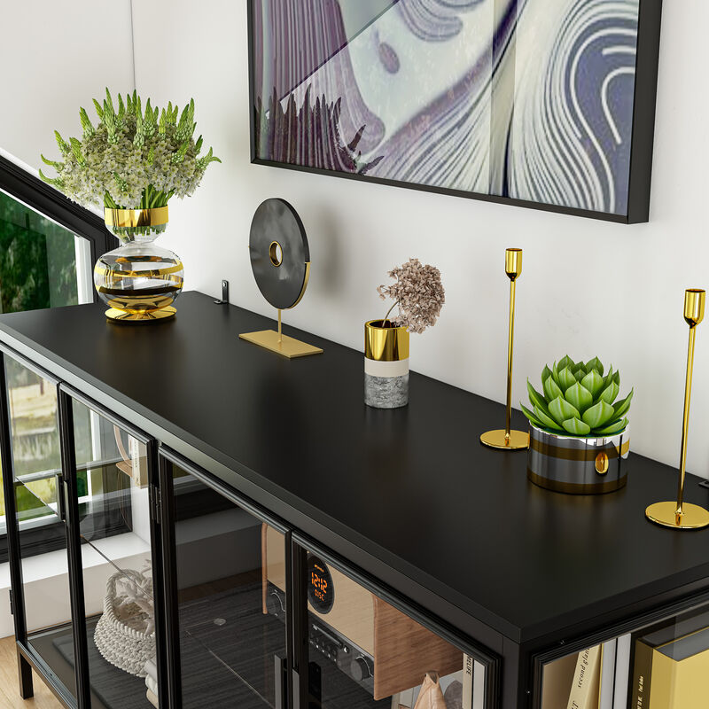 FUFU&GAGA Modern Glass Bookcase, Stylish & Durable Display Cabinet with Glass Doors for Living Room & Office,(55.1" W x 29.5" H x 15.7" D),Black