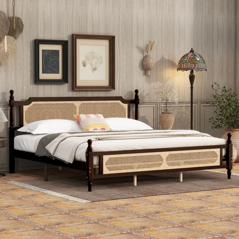 Whisen King Pine Wooden Bed with Rattan Headboard and Footboard, with Central Enhanced Bed Platform image number 3