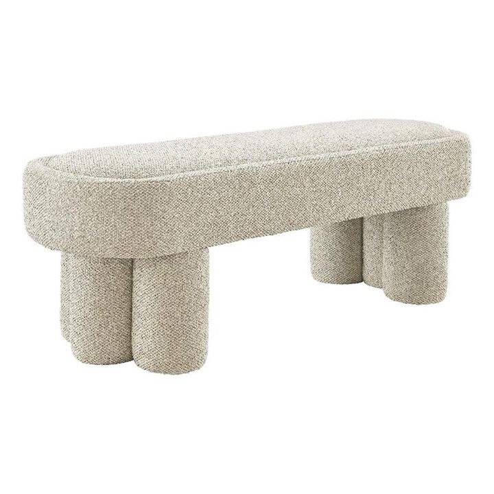 Modway Mossi 52-Inch Modern Oval Boucle Fabric Bench in Marble &ndash; Upholstered Accent Bench with Cylindrical Clover-Leg Base for Bedroom, Entryway, or Living Room