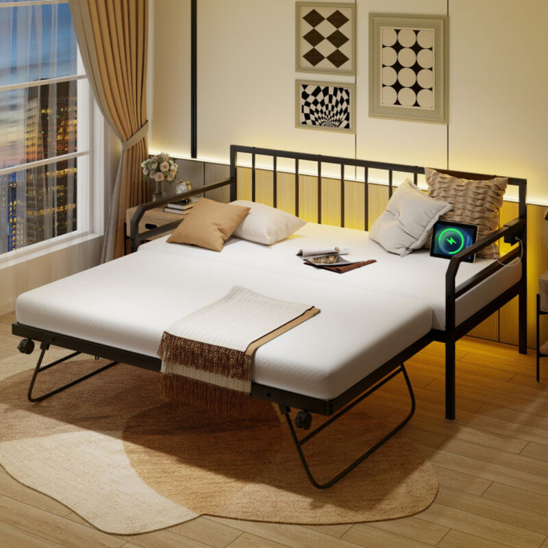 LED Light & USB Charging Adjustable Metal Daybed – Stylish Bedroom Bed