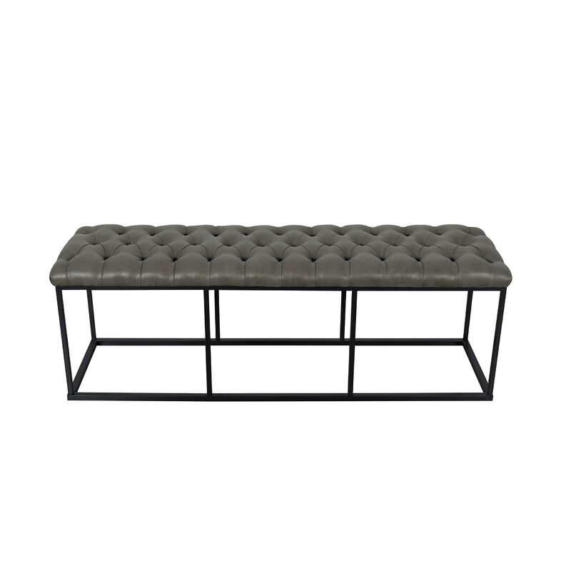 Ali Bench, Open Metal Frame, Gray Tufted Faux Leather 52 Inch - Benzara