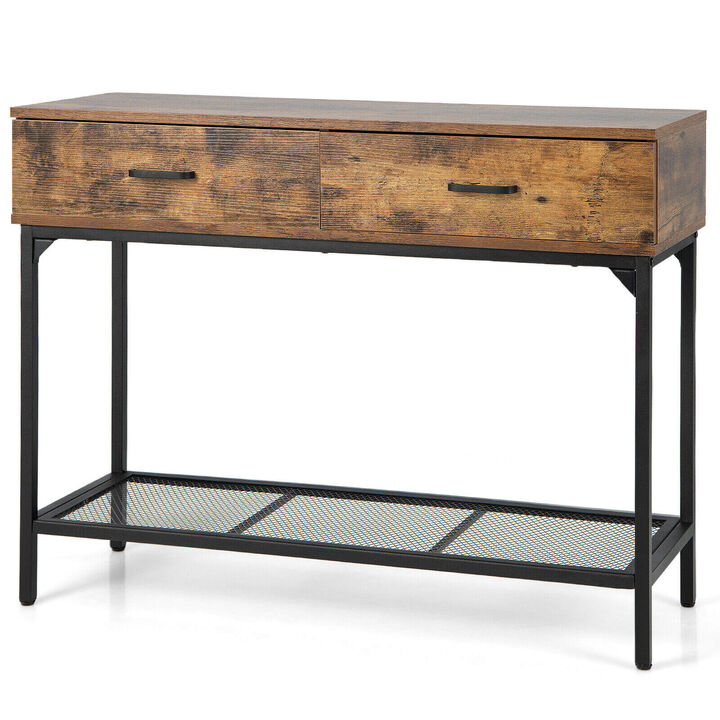 2 Drawers Industrial Console Table with Steel Frame for Small Space-Rustic Brown