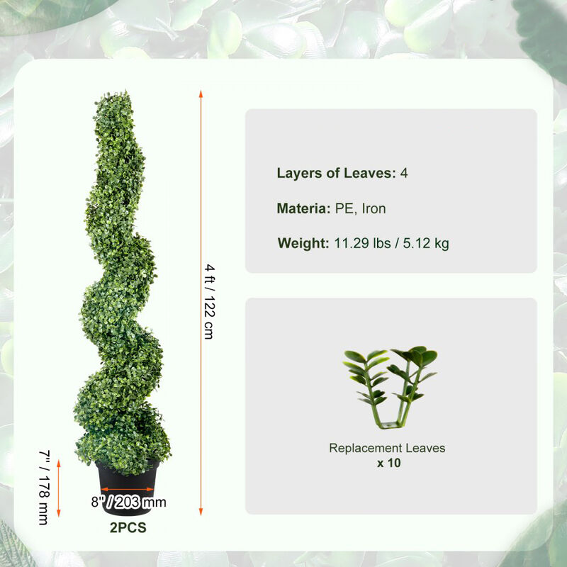 Set of 2 Artificial Spiral Boxwood Topiary Plants with 10 Spare Replacement Leaves-Green image number 2