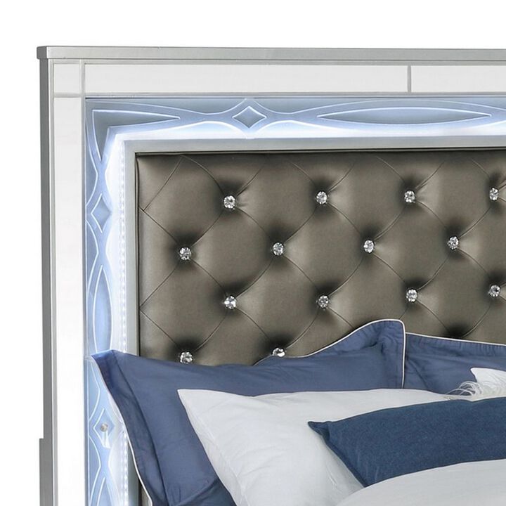 Gina Queen Panel Bed, LED Headboard, Gray Faux Leather Upholstery, Silver - Benzara