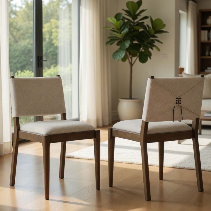 Clera Upholstered Dining Side Chair, Tie Details, Set of 2, Brown Wood