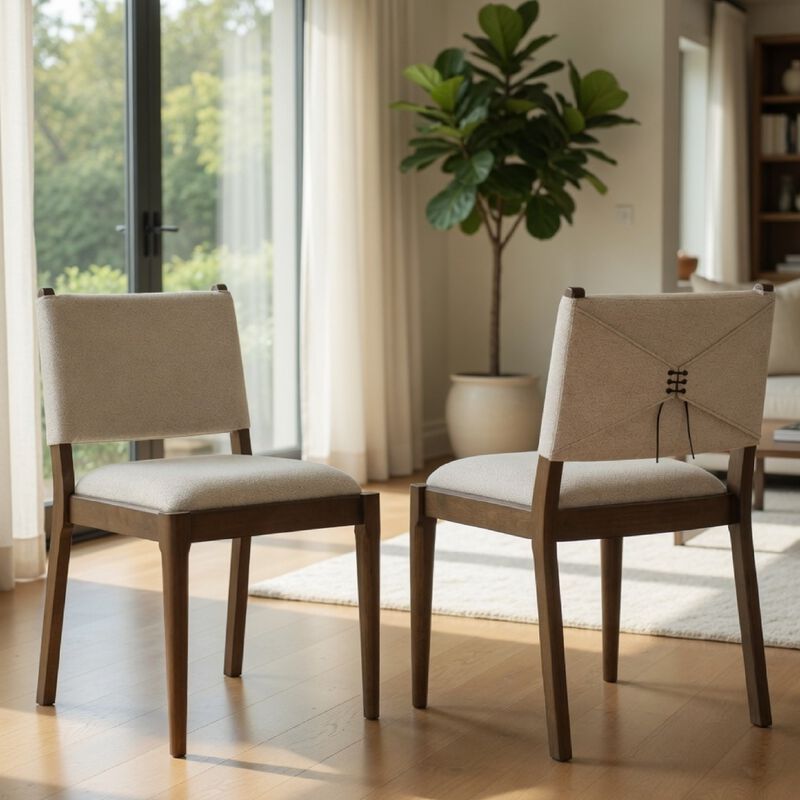 Clera Upholstered Dining Side Chair, Tie Details, Set of 2, Brown Wood image number 1