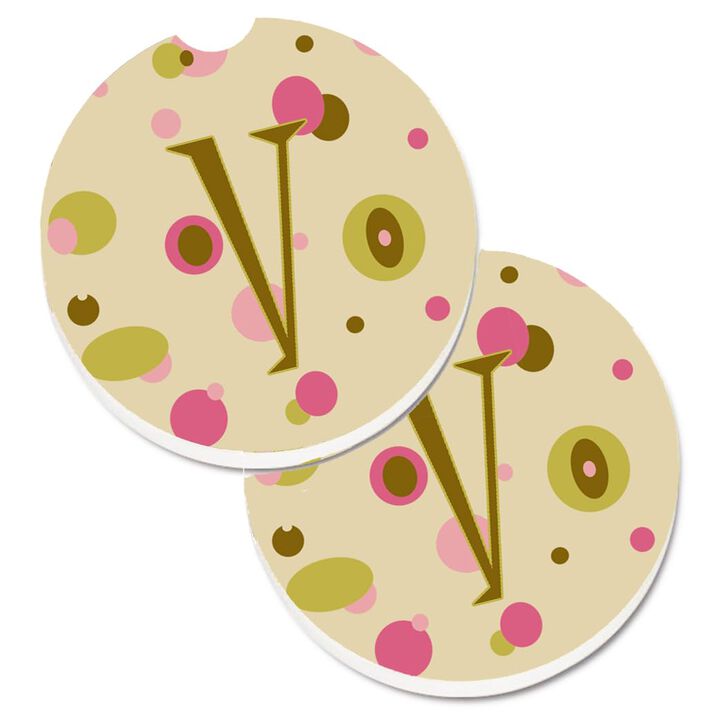 Caroline's Treasures Letter V Initial Monogram - Tan Dots Set of 2 Cup Holder Car Coasters CJ1004-VCARC, 2.56, Multicolor