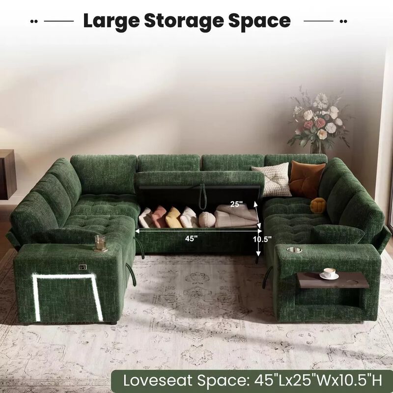 Vipbear 110" Modular Sectional Sleeper Sofa, 8-Seater Chenille U-Shaped Couch with Pull-Out Beds image number 4