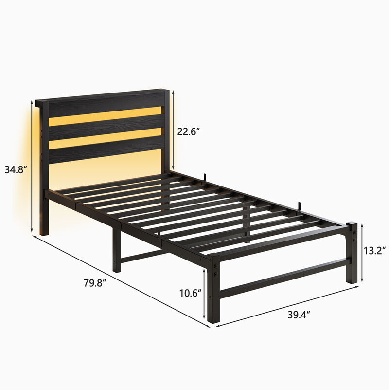 Platform Bed Frame with LED Lights & USB Charging Station, Rustic Wood Headboard, No Box Spring Needed image number 8