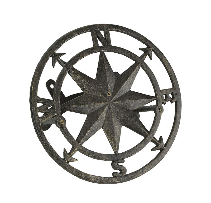 Cast Iron Compass Rose Wall Mounted Decorative Hanging Garden Hose Holder Bronze image number 0
