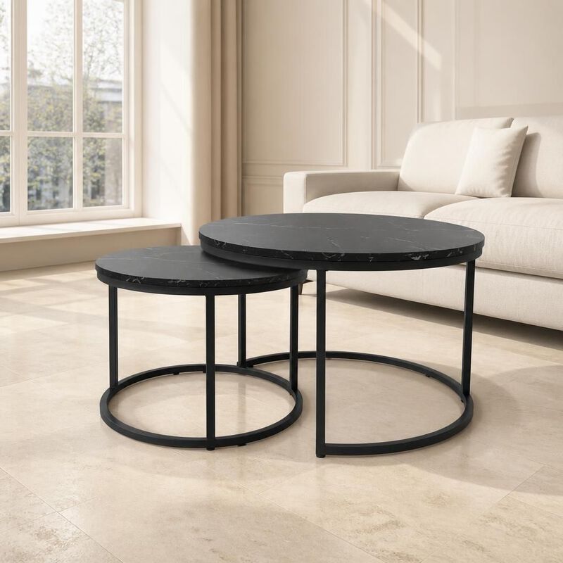GOODSILO Round Nesting Coffee Table Set of 2, Space-Saving Stackable Side Tables with Marble Pattern Top and Sturdy Metal Frame for Living Room Bedroom Balcony image number 2