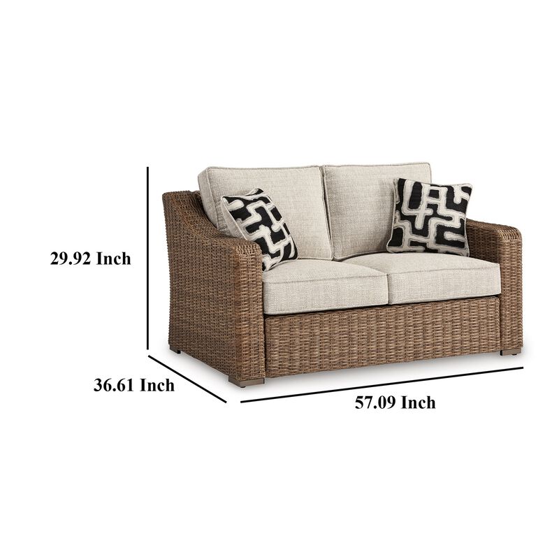 Tira Outdoor Loveseat, 57 Inch Handwoven Resin Wicker, Beige, Pillows