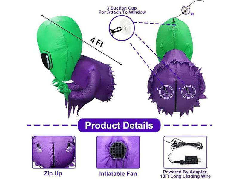4FT Halloween Inflatable Alien in Window &ndash; LED Blow-Up Decor for Indoor/Outdoor Party, Lawn & Garden Display image number 1
