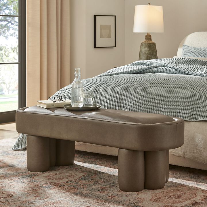 Modway Mossi 52-Inch Modern Oval Vegan Leather Bench in Mushroom &ndash; Upholstered Accent Bench with Cylindrical Clover-Leg Base for Bedroom, Entryway, or Living Room